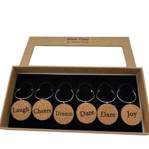 New in Box 6 Cork Wine Glass Charms Tags